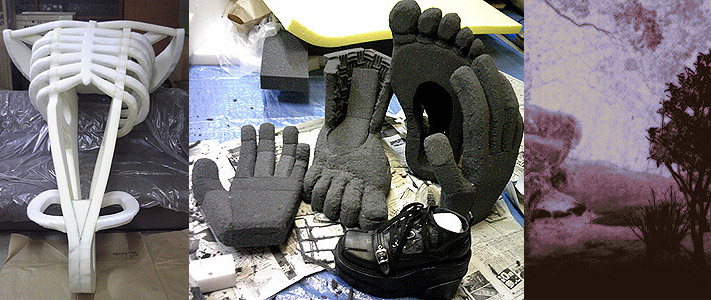 Demon skeleton made with Urethane foam.(left) Demon limb in production made with Urethane foam.(center)  Courtyard at night.(right)